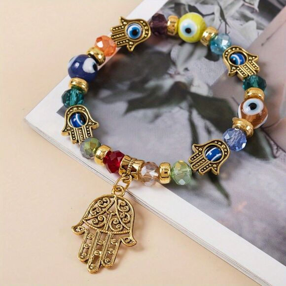 Blue Evil Eye Beaded Stretch Bracelet Fatima Palm Charm Chakra Karma Positive - Picture 2 of 5